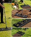 Heavy Duty Lawn Leveling Rake With Adjustable Long Handle Dual Sided Tines With Serrated Side on grass and soil