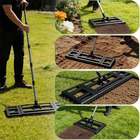 Heavy Duty Lawn Leveling Rake With Adjustable Long Handle Dual Sided Tines With Serrated Side on grass and soil
