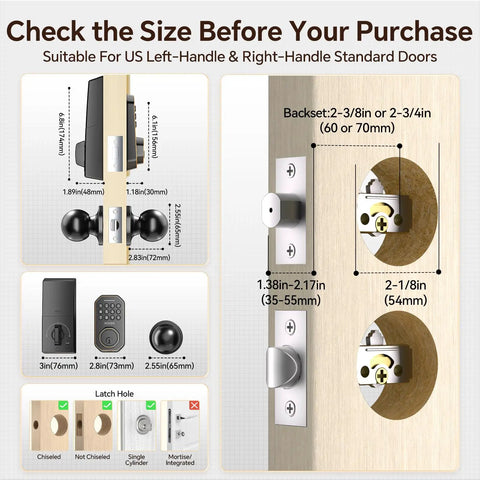 Dimensions guide for Dead Simple Keyless Entry Door Lock With Knob Set In Classic Oil Rubbed Bronze showing handle sizes and installation details.