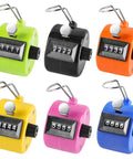 Hustle Ready 6 Pack Mechanical Tally Counters With 4 Digit Dials And Bright Assorted Colors For Snappy Team Tracking At Sports Pitches Warehouse Floors Or Block Parties, showing six colorful clickers.