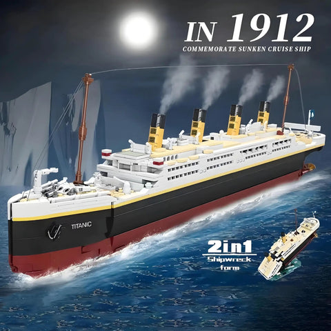 Epic Titanic Model Kit With 2022 Building Blocks, Giant 26.97 Inch Replica Ship, STEM 3D Puzzle Toy For Kids And Adults, Educational Collectible Display For Home Or Office Decor, Realistic Bow, Funnel, And Propeller Detail. Titanic model box art with 2-in-1 shipwreck form