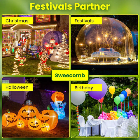 Festivals Partner image showing decorations for Christmas, festivals, Halloween, and birthday with lights and balloons.