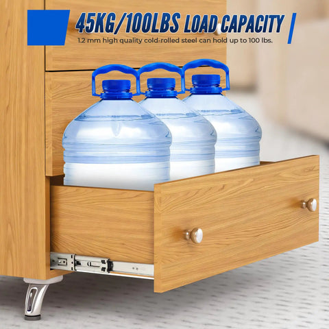 Top Shelf Hella Smooth Soft Close Drawer Slides 20 Inch Heavy Duty Full Extension Side Mount Ball Bearing Cabinet Hardware For Dressers And Drawers Silver 10 Piece Set with water bottles in wooden drawer.