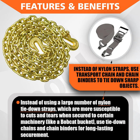 G80 Grade 80 Transport Binder Chain 5 16 Inch By 10 Foot With Clevis Grab Hooks 4900 Lbs Safe Working Load in yellow zinc
