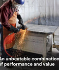 Worker using Fiber Disc 982C Pack Of 100 Four And A Half Inch By Seven Eighth Inch Center Hole Sixty Plus Grit for grinding metal