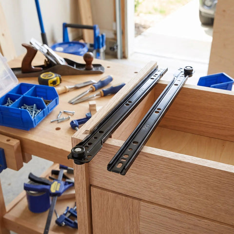 Rugged Black Bottom Mount Drawer Slides With Killer Soft Close Heavy Duty Metal Tracks For Kitchen Cabinet And Bathroom Vanity Replacement 2 Piece Set on wooden drawer.