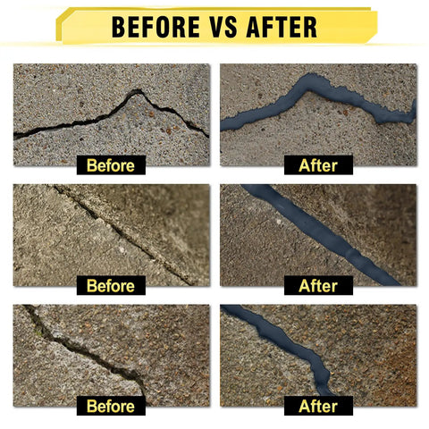 Heavy Duty Self Leveling Concrete Crack Filler With High Elasticity For Driveways, Walkways, And Patios, Waterproof Sealant shown in before and after use on cracks.