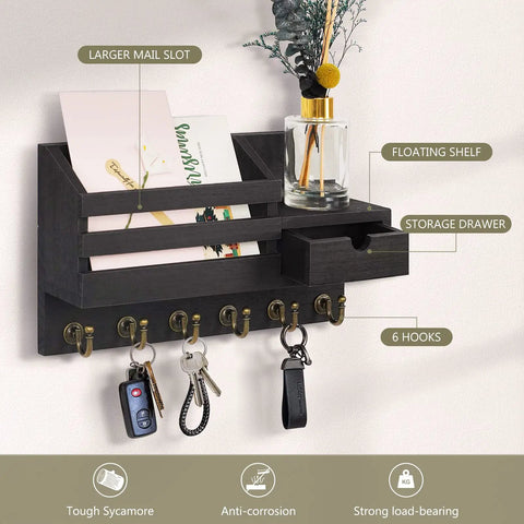 Wall Mounted Key And Mail Organizer With Six Hooks And A Storage Drawer Easy Install Entryway Decor Must Have For Keys Mail Wallet Glasses Cards And Small Items Neat Black Finish