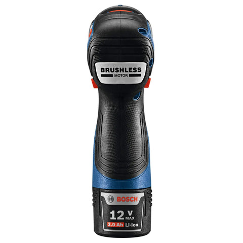 12V Max Brushless 1 Quarter Inch Hex Two Speed Screwdriver Kit With Dual 2.0Ah Batteries, shown vertically with brushless motor.