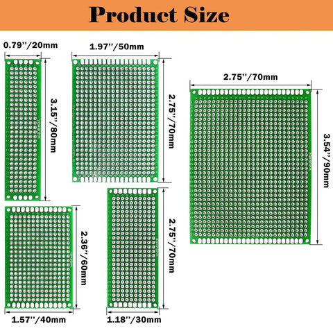 48 Piece Double Sided PCB Board Kit showing various prototyping board sizes for DIY soldering and Arduino projects.