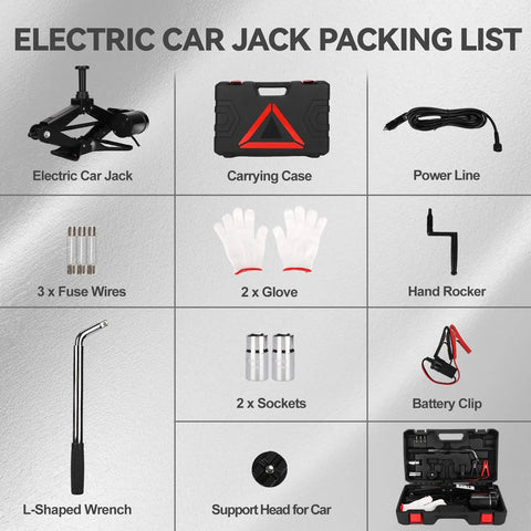 Packing list for Electric Scissor Car Jack Kit 3 Ton 12V Portable Auto Lift With Seventeen Point Seven Inch Lift Range