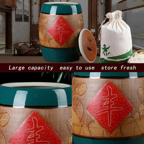 Game Changing Ceramic Rice Jar With Secure Lid, Oversized Countertop Food Storage Bin For Pantry Organizing, showcasing large capacity and decorative design.