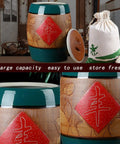 Large Ceramic Rice Jar With Durable Airtight Lid That Keeps Your Kitchen Game Strong While Securing Bulk Grains Quick Snacks Sweet Candy And Dark Roast Coffee Beans, detailed view with ornate design.