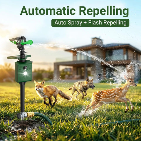 Solar Powered Motion Activated Sprinkler Deterrent For Yard And Garden Keeps Deer Cats Dogs Rabbits Birds Away With Flashing Lights