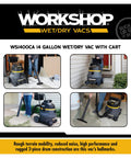 Heavy Duty Wet Dry Shop Vac 14 Gallon High Power Vacuum Cleaner With 6.0 Peak HP filter and cart in workshop scenes