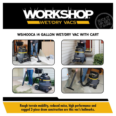 Heavy Duty Wet Dry Shop Vac 14 Gallon High Power Vacuum Cleaner With 6.0 Peak HP filter and cart in workshop scenes