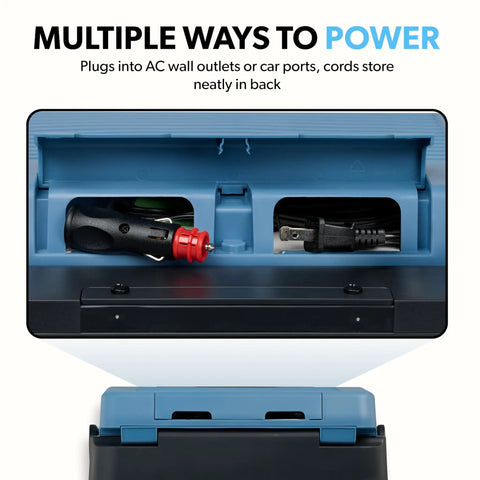 Hella Chill Thermoelectric Cooler And Warmer With Solid Performance For Road Trips Truck RV Car And Home showing power connections in back.