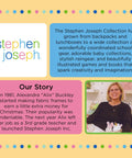 Colorful Stephen Joseph Collection text and photo of founder Alexandra "Alix" Buckley with history and product description.