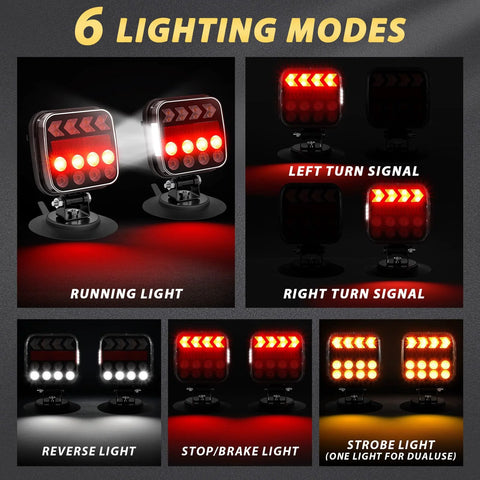 Wireless magnetic trailer light pair with two red LED taillights, 180° adjustable, waterproof