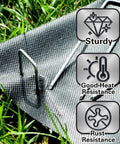 Heavy Duty 8 Inch Landscape Staples Made From 8 Gauge Galvanized Steel For Lawns, Weed Barriers, shown on fabric.