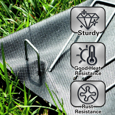 Heavy Duty 8 Inch Landscape Staples Made From 8 Gauge Galvanized Steel For Lawns, Weed Barriers, shown on fabric.
