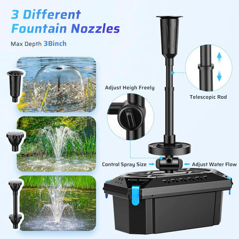 660GPH Pond Filter With RGB Auto Cycle LED Lights And Built In 40W Pump All In One Durable 3 Stage Filtration with fountain nozzles