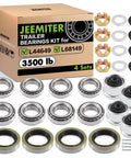Front view of Jeemiter trailer bearing kit box showing 4 sets for 3500 lb axles with bearings, seals, and dust covers