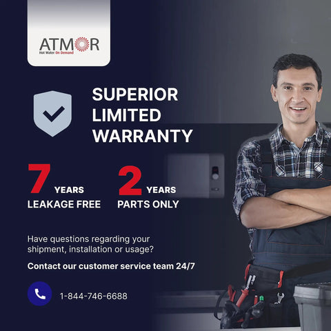 Electric Tankless Water Heater 13000 Watts 240V warranty information with technician and contact details