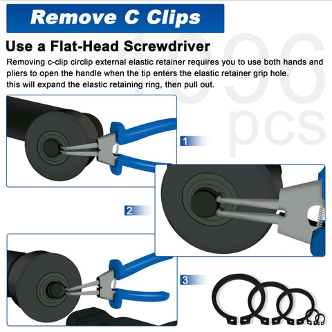 External Retaining Ring Kit Set All In One 1095 Piece Circlip Snap Ring Assortment black alloy steel usage diagrams with pliers.