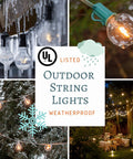 100 Foot Outdoor String Lights With 105 G50 Clear 2 Inch Bulbs On Black Wire Includes 5 Extra Bulbs Dope Patio Backyard Deck Vibe Cafe And Party Lighting displayed in various settings.