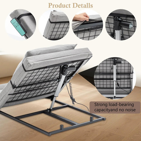 Heavy Duty Electric Adjustable Bed Backrest Recliner For Up To 300 Lbs With Solid Steel Frame And Dense Foam, Sliding Range From 4 To 68 Degrees In Smooth Grey Finish, features remote control and sturdy construction.