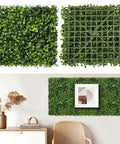 Eight Piece 10 By 10 Inch Artificial Grass Wall Panels With 100 Zip Ties showing front and back view, used as decorative wall backdrop indoors.