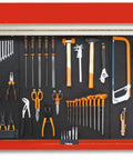 67 Inch Lockable Garage Tool Panel With Aluminum Shutter And Three Perforated Panels, tools organized on red wall mount system