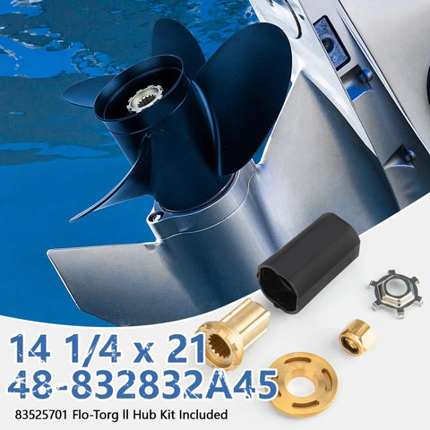 14 and a quarter inch diameter 21 pitch 3 blade aluminum boat propeller with 15 spline for right hand rotation, hub kit included