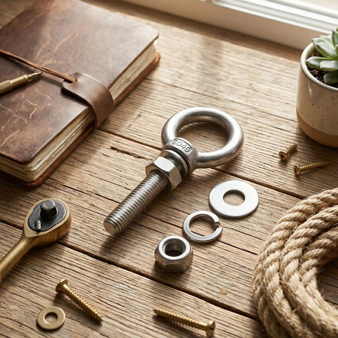 Stainless Steel Loop Bolts Set M10x30mm With Hex Nuts Flat Washers And Spring Washers Shoulder Eye Bolts For Hangin And Fastenin Long Thread 8 Piece Kit With Lock Nuts laid out with nut, washer, and screw