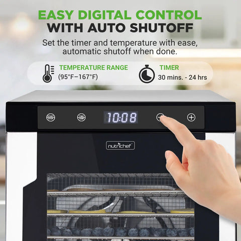 Easy digital control and timer on Electric Countertop Food Dehydrator With 900 Watt Motor And Ten Tier Stainless Steel Trays.