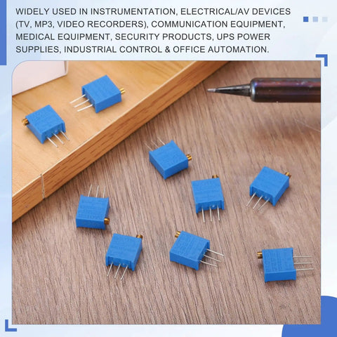 50K Ohm Multiturn Trimmer Potentiometer Kit Pro Grade 3296W Type Top Adjustable Variable Resistor spread on wooden surface