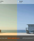 Split image comparing Soft White 2700K vs Daylight 5000K lighting, featuring a beach scene and lifeguard tower.
