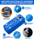 Drill Block Guide Set For Straight Holes With 9 Brad Point Bits And 6 Depth Collars kit showing storage box and blue guide block.