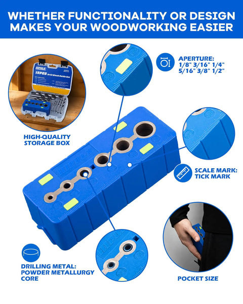 Drill Block Guide Set For Straight Holes With 9 Brad Point Bits And 6 Depth Collars kit showing storage box and blue guide block.