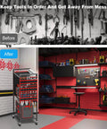 Power Tool Organizer Cart With Charging Station On Wheels Eight Outlet Power Strip Built In Battery Storage Garage Floor Rolling Rack Heavy Duty Metal Utility Cart Red in a workshop setting.