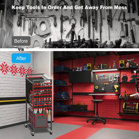 Power Tool Organizer Cart With Charging Station On Wheels Eight Outlet Power Strip Built In Battery Storage Garage Floor Rolling Rack Heavy Duty Metal Utility Cart Red in a workshop setting.