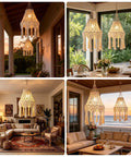 AVAMERY Boho Chic Macrame Pendant Lights with Tassels illuminating patio and dining areas, soft lighting, cotton rope design.