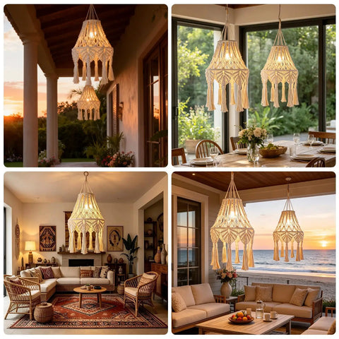 AVAMERY Boho Chic Macrame Pendant Lights with Tassels illuminating patio and dining areas, soft lighting, cotton rope design.