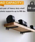 Dumbbells on wooden shelf supported by Set Of 6 Heavy Duty Black Shelf Brackets, 12 Inch Metal Wall Mount Floating Shelving Brackets