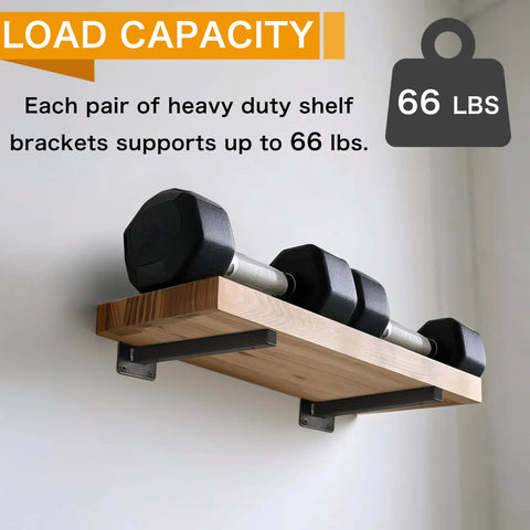 Dumbbells on wooden shelf supported by Set Of 6 Heavy Duty Black Shelf Brackets, 12 Inch Metal Wall Mount Floating Shelving Brackets