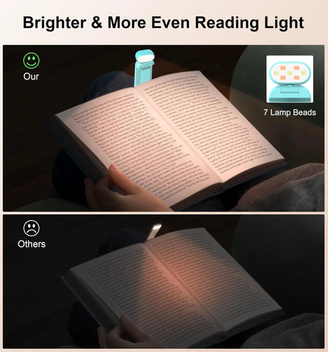 Blue clip-on reading light for books, rechargeable with 7 LED beads, clipped to an open book.