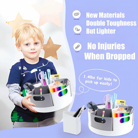 Slick Spin Art Supply Caddy For Kids With Seven Spacious Bins Holds Crayons Markers And Pencils Lazy Susan Base, child holding spinning caddy.