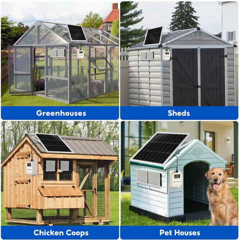 Solar Powered Dual Exhaust Fan With Battery, 20W Panel, Waterproof, Recharges In Sun, 3600mAh Battery, Up To 8 Hours Run Time, Ideal For Chicken Coops, Sheds, Pet Houses, Greenhouses, Outdoor Ventilation Kit