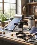 12V 10W DC Brushless Circulation Pump Solar Water Heater Hero High Temp Beast setup with solar panel and accessories on a workbench.